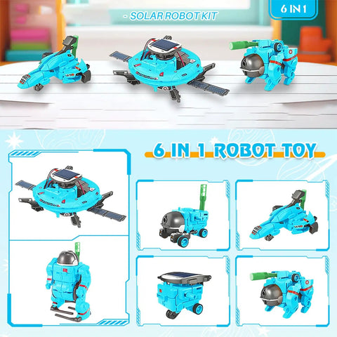 Image of Solar Robot Kit For Kids Six In One Science Toys showcasing assembled blue robot models against a white background.