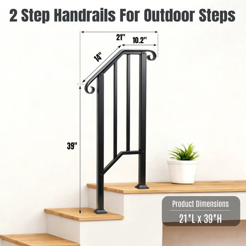 Black 2 Step Outdoor Handrails Built Like A Tank Wrought Iron Stair Railing Pair, 21"L x 39"H, ideal for outdoor steps.