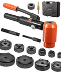 Heavy Duty 15 Ton Hydraulic Knockout Punch Set Workhorse With Half Inch To Four Inch Dies, 10 Round Dies, hydraulic components, and case