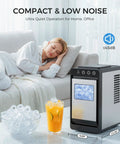 Compact Countertop Ice Maker With No Fuss Self Cleaning, Delivers 8 Cubes In 6 Minutes And Up To 26 Lbs Per Day, Quiet next to glass of ice