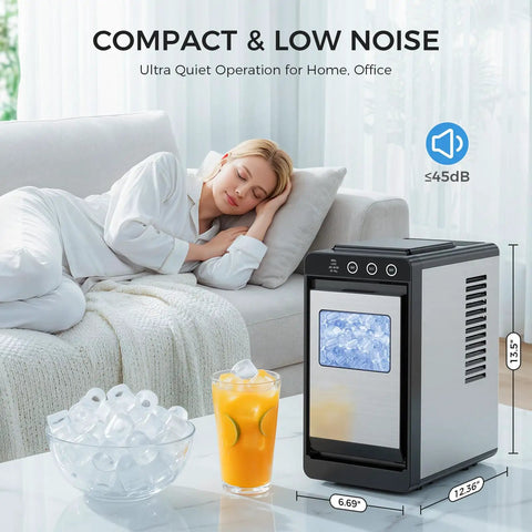 Compact Countertop Ice Maker With No Fuss Self Cleaning, Delivers 8 Cubes In 6 Minutes And Up To 26 Lbs Per Day, Quiet next to glass of ice
