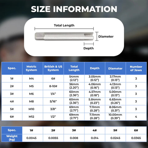 Size chart for Six Piece Tap Extractor Set For Stripped Screws And Bolts, details on extractor dimensions and specifications