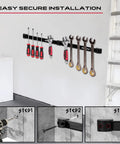Magnetic Tool Holder Storage Organizer 7-Piece Set For Garage Wall Mount Rack holding tools on a wall with installation steps.