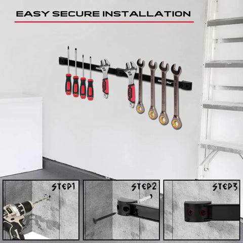 Magnetic Tool Holder Storage Organizer 7-Piece Set For Garage Wall Mount Rack holding tools on a wall with installation steps.