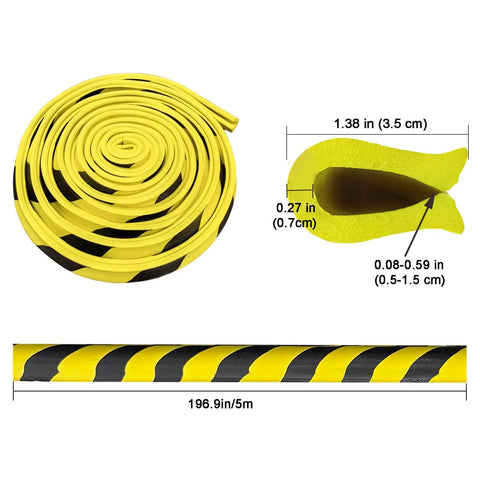 Heavy Duty U Channel Edge Corner Guard 197 Inch Yellow Black Self Adhesive NBR Foam Safety Tape rolled with dimensions shown.