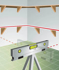 Magnetic Torpedo Laser Level with Four Vials for Plumb, Level, and 45-Degree Angles projecting red beams in room with shelves.