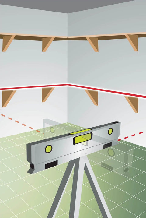 Magnetic Torpedo Laser Level with Four Vials for Plumb, Level, and 45-Degree Angles projecting red beams in room with shelves.