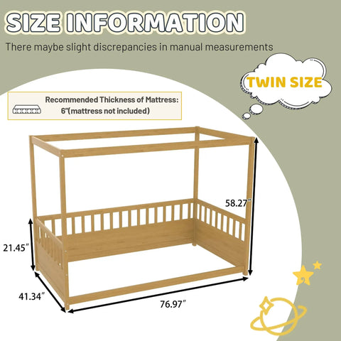 Twin Size Canopy Bed Frame With Four Posters And High Guardrails For Kids Montessori Floor Bed Natural Wood dimensions shown