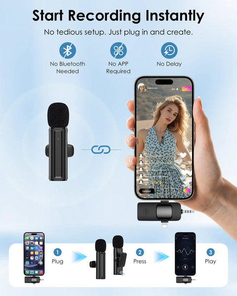 Wireless Mini Lavalier Microphone For iPhone Android Camera And PC 4 In 1 Lapel Mic with phone showing woman recording video