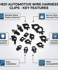 Assorted clips of 200-Piece Car Wire Loom Routing Clip Kit with 15 Size Assortment, Nylon Harness Clips, Black, showing key features.