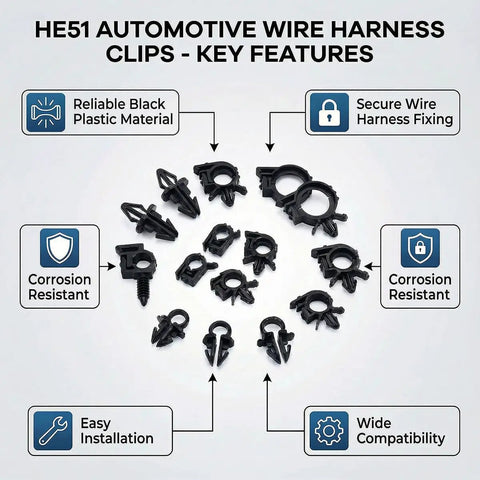 Assorted clips of 200-Piece Car Wire Loom Routing Clip Kit with 15 Size Assortment, Nylon Harness Clips, Black, showing key features.