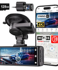 4K Front And Rear Dash Cam With Crystal Clear Starvis 2 Sensor 170 Degree Front And 140 Degree Rear 5GHz WiFi 128GB Card Included Voice Control 3.18 Inch Touch Screen GPS Loop Recording Parking Mode Easy Setup displayed with screen and phone interface