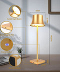 Cordless LED Desk Lamp On The Go With Rechargeable 5000mAh Battery, gold finish, USB-C port, three level dimming, shown in size detail