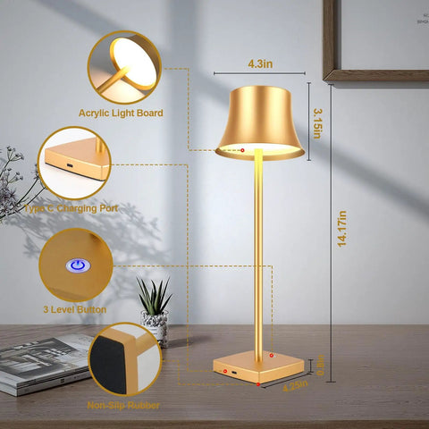 Cordless LED Desk Lamp On The Go With Rechargeable 5000mAh Battery, gold finish, USB-C port, three level dimming, shown in size detail