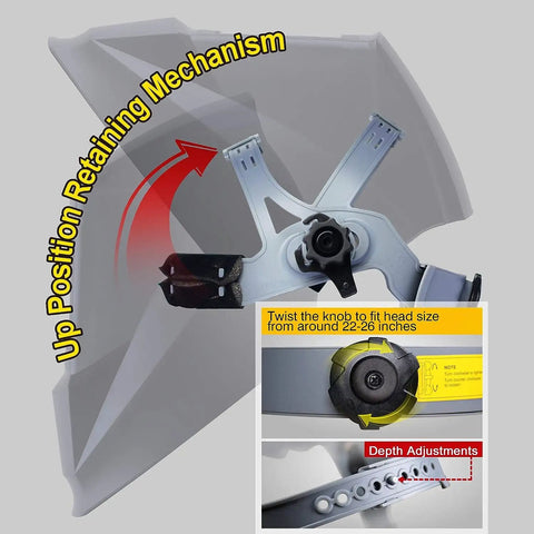 Heavy Duty Pro Grade Wide Shade Auto Darkening Welding Helmet with adjustable headband and retention mechanism.