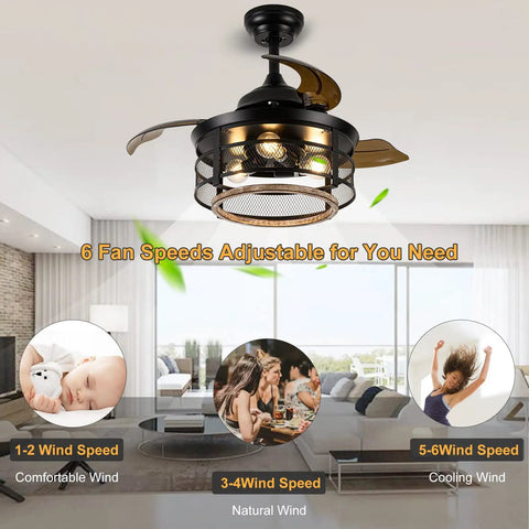 36 Inch Farmhouse Ceiling Fan With Lights, dope retractable cage blades, black industrial style in a modern living room