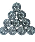 Pyramid stack of black toy wheels from DIY RC Toy Wheel And Shaft Kit With 100 Black Plastic Wheels And 50 2Mm X 100Mm STEM Shafts