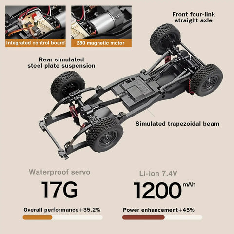 1 To 12 Scale RC Crawler Toyota LC79 4x4 Off Road Toy chassis with suspension and motor details, 2.4GHz remote compatible