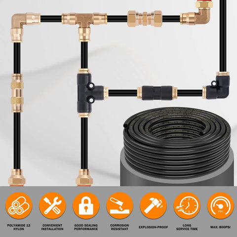 PA12 Nylon DOT Air Line One Half Inch OD Pneumatic Tubing, 100 Feet Long, coiled with brass fittings, SAE J844 compliant, high pressure