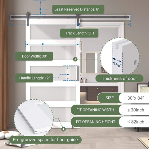 Sliding Barn Door With Frosted Glass White Finish, 30 Inch By 84 Inch, Five Lite Design, Waterproof PVC Surface, Assembly Required
