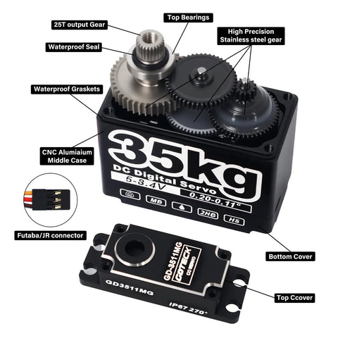 Components of Beefy 35Kg Digital Servo At 8.4V With Full Metal Gear IP67 Waterproof And 25T Servo Horn for RC crawlers, cars, and boats.