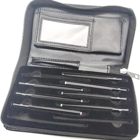 Seven Piece Hardness Test Kit For Rocks And Gems With Portable Scratch Pen Set 3 To 9 Mohs Includes Durable Storage Box For Easy Carry Grab And Go Mineral ID For Industrial Use And Gem Jade Testing. Open case with seven scratch pens