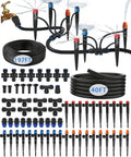 237 Feet Quick Connect Drip Irrigation Kit With 40 Adjustable Nozzles, UV Resistant PE Tubing shown with connectors and stakes