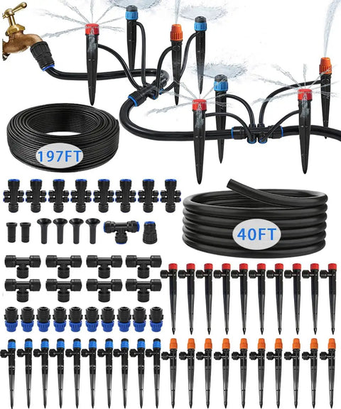 237 Feet Quick Connect Drip Irrigation Kit With 40 Adjustable Nozzles, UV Resistant PE Tubing shown with connectors and stakes