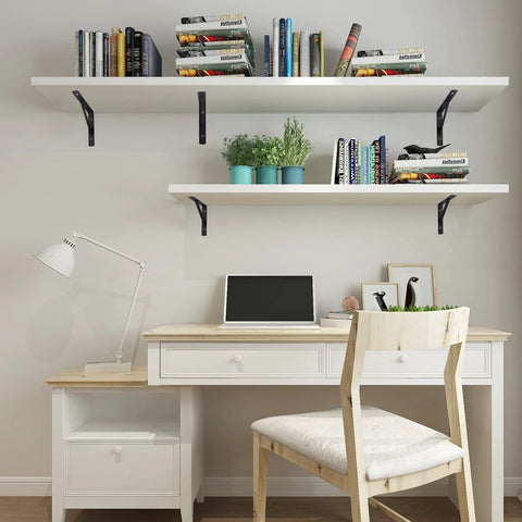 8 Piece L Shaped Metal Shelf Brackets For Wall Mounts supporting white floating shelves above a desk with books and plants