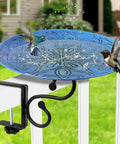 Deck Mounted Bird Bath Bowl For Garden Yard Decor Heavy Duty Solid Metal 12 Inch Rust Proof Water Basin with hummingbirds.