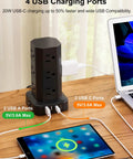 Heavy Duty Power Strip Tower Surge Protector With Sleek Low Profile Flat Plug Cord And 12 Spacious AC Outlets Plus 4 Dual Charge USB And Type C Ports on wooden desk.