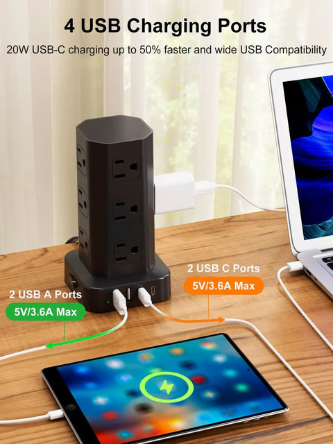 Heavy Duty Power Strip Tower Surge Protector With Sleek Low Profile Flat Plug Cord And 12 Spacious AC Outlets Plus 4 Dual Charge USB And Type C Ports on wooden desk.