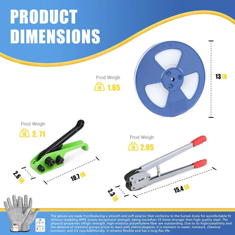 Product dimensions for Heavy Duty Polypropylene Banding Strapping Kit With Half Inch By 3200 Foot Clear Packing Strap.