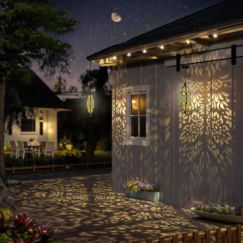 Outdoor Hanging Solar Lantern Lights No Wiring Needed, Waterproof Metal Moroccan Style Garden Decor casting patterns at night