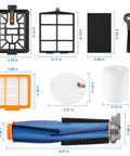 19 Piece Replacement Parts Kit For AI Robot Vacuum Cleaner Compatible With AV2501AE RV2502AE components displayed with measurements.