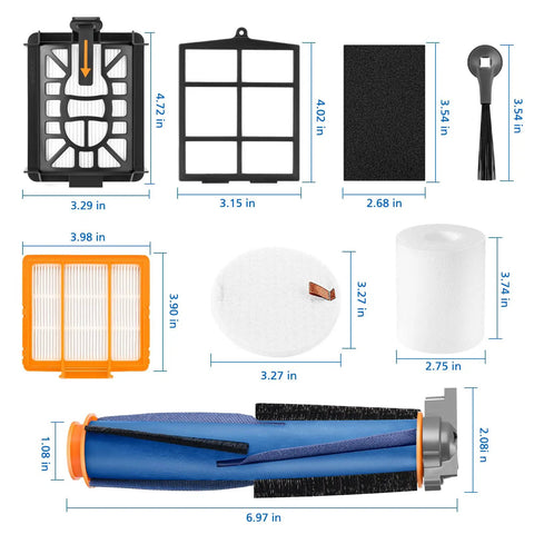 19 Piece Replacement Parts Kit For AI Robot Vacuum Cleaner Compatible With AV2501AE RV2502AE components displayed with measurements.
