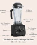 Real Deal Kitchen Workhorse Professional Grade Blender With Sixty Four Ounce Container Killer Motor For Smooth Consistent Blends Perfect Soups Sauces And Frozen Desserts Quick Rinse Clean Matte Black with 64 oz container and soft-grip handle.