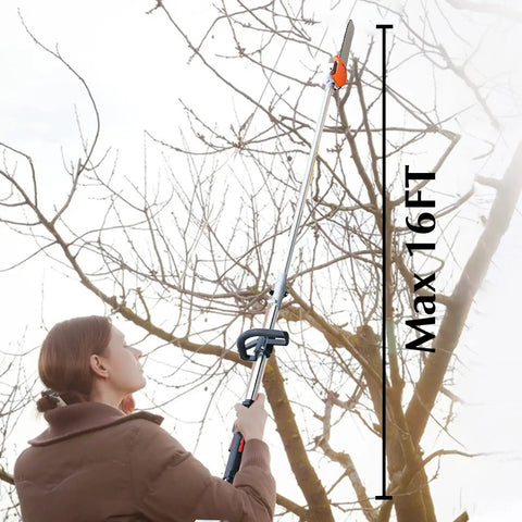 Person using Beast Power Gas Pole Saw With 16 Foot Reach And 42 7cc 2 Stroke Engine 11 Inch Cutting Bar Extension Pole on tree