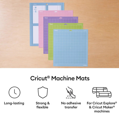 Multi-colored Cricut machine mats display, including the Standard Grip Adhesive Cutting Mat 12x12 Inch Green 3 Pack.