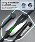 Portable Tesla Ev Charger Level 1 And Level 2 Etl Certified Dual Voltage Cable With 25 Foot Cord showing safety certifications and design.