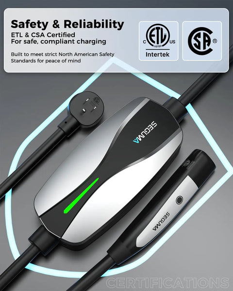 Portable Tesla Ev Charger Level 1 And Level 2 Etl Certified Dual Voltage Cable With 25 Foot Cord showing safety certifications and design.