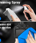 Cleaning spray and microfiber cloth from 10 In 1 Pro Grade Camera Lens Cleaning Kit With Air Blower Lens Cleaner Pen Retractable Wool Soft Brush Sensor Cleaning Swabs Lens Tissue Paper Microfiber Cloths Cleaning Wipes And Handy Storage Case For Photogs