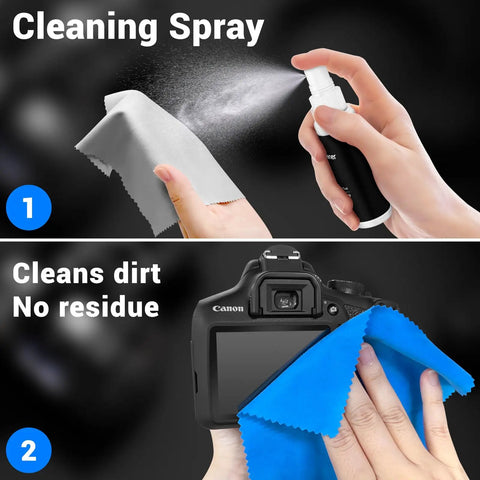 Cleaning spray and microfiber cloth from 10 In 1 Pro Grade Camera Lens Cleaning Kit With Air Blower Lens Cleaner Pen Retractable Wool Soft Brush Sensor Cleaning Swabs Lens Tissue Paper Microfiber Cloths Cleaning Wipes And Handy Storage Case For Photogs