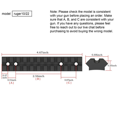 Ruger 10/22 Picatinny Rail Mount for Red Dot Sights Scopes and Optics, 11 Slot 6061 T6 Aluminum, diagram with dimensions