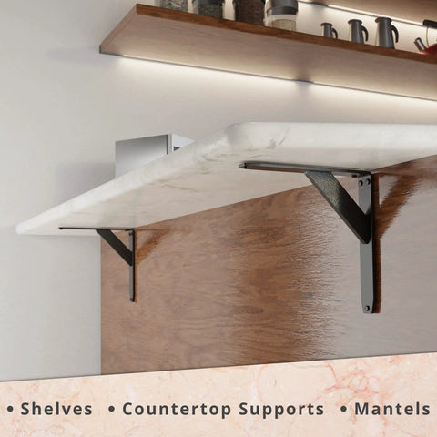 Jetstream Solid Heavy Duty Low Profile Welded Countertop Shelf Brackets for Floating Shelves supporting a marble countertop