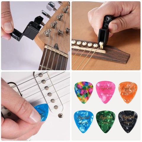 Guitar Tool Kit 31 Pieces For Pro Setup And Repair All In One Luthier Tools with winder, clippers, and colorful picks.
