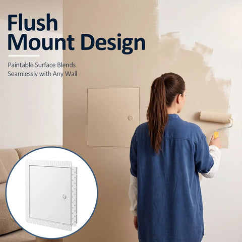 Heavy Duty 12 X 12 Flush Mount Drywall Access Panel With Secure Cam Latch Lock and Clean Concealed Hinge shown during wall painting.