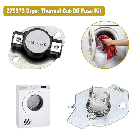 Dryer Heating Element Kit Compatible With Whirlpool Cabrio Kenmore He2 He3 Maytag Dryers Replacement NiCr Coil With Durable Mounting Supports For Fast No Fuss Install Even Heating And Long Lasting Performance image showing dryer thermal cut-off fuse kit components and installed view.
