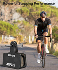 Cyclist on road with Beefy Stopping Power Low Noise Resin Disc Brake Pads For Mountain Bikes, 4 Pairs, Black shown in foreground.