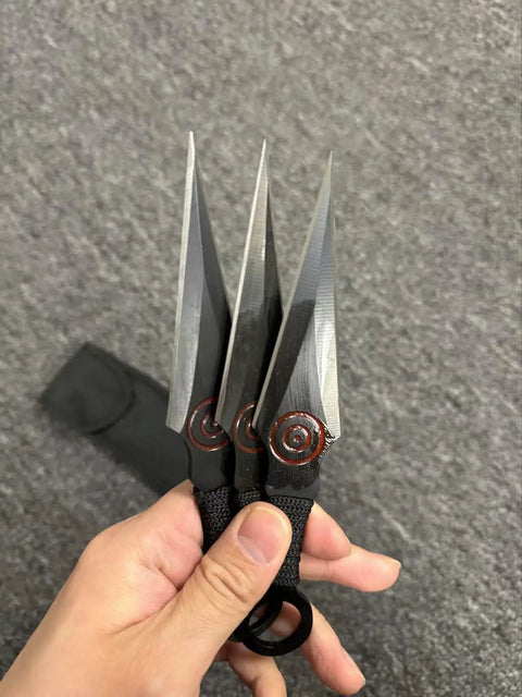 Dope Ninja Kunai Throwing Knife Set Three Piece Stainless Steel Blades With Nylon Sheath Six Point Five Inch Overall Black Red Finish